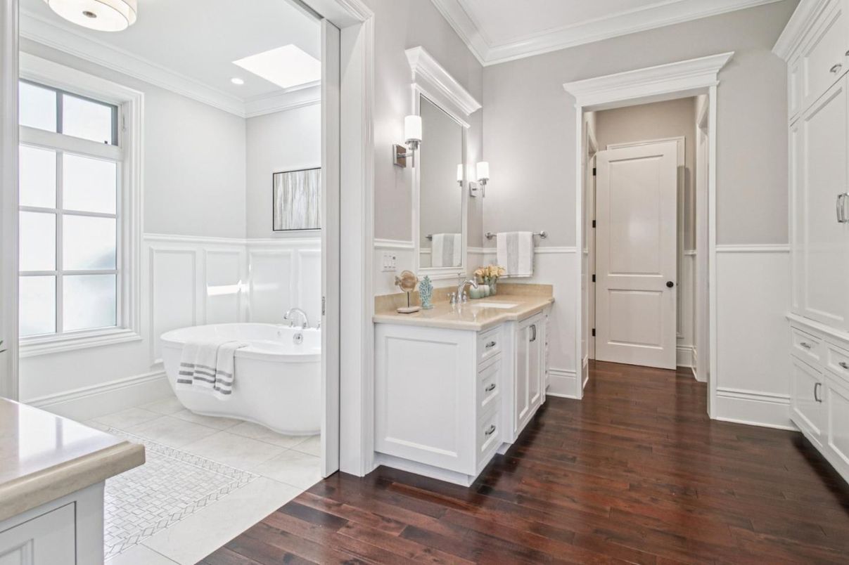 Bathroom, Dual Sink Vanities, Interior, Recessed Lighting, Wood Texture Flooring