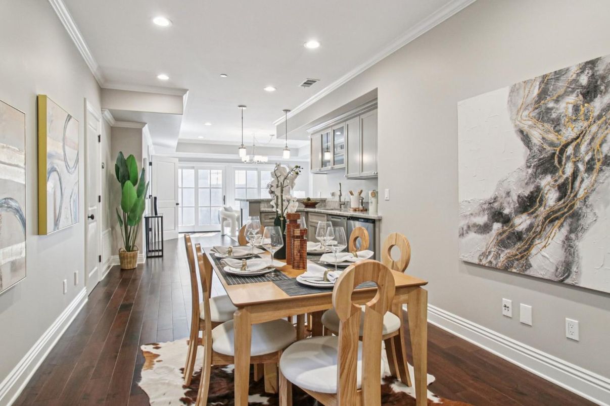 Dining room, Interior, Pendant Lights, Recessed Lighting, Wood Texture Flooring