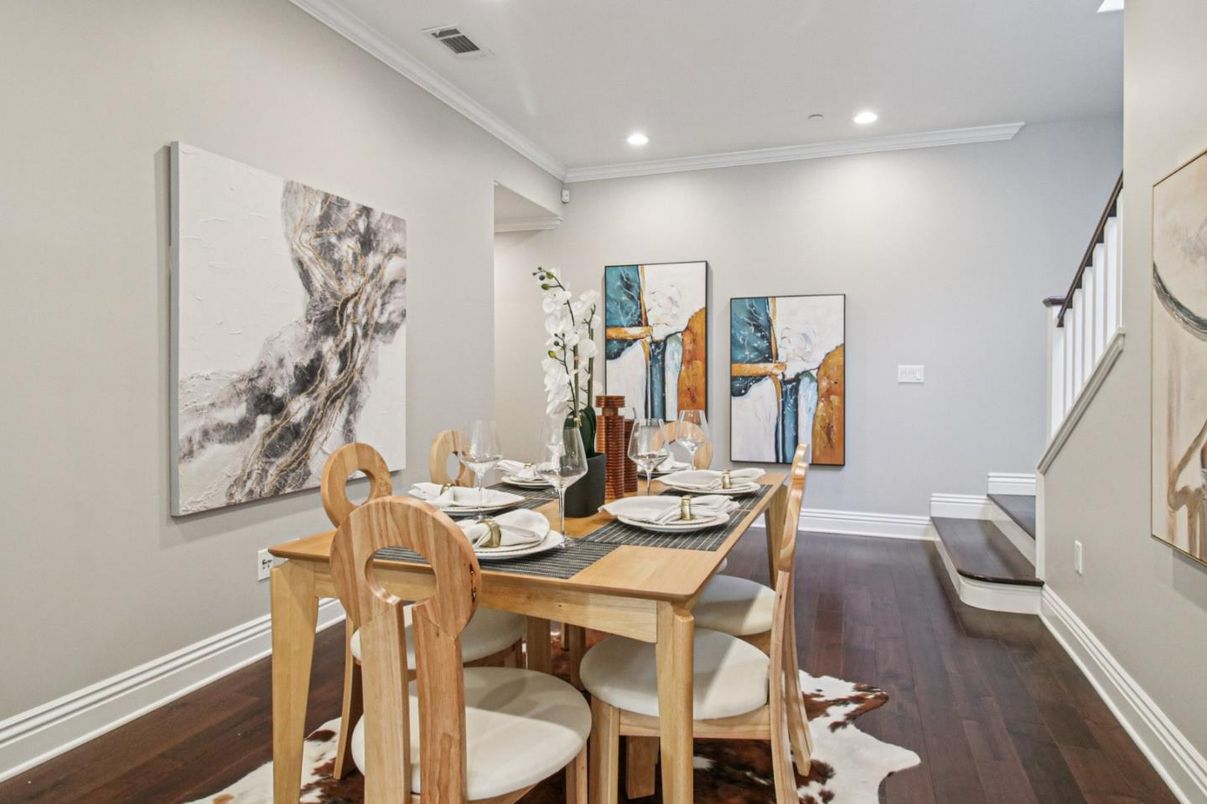 Dining room, Interior, Recessed Lighting, Wood Texture Flooring