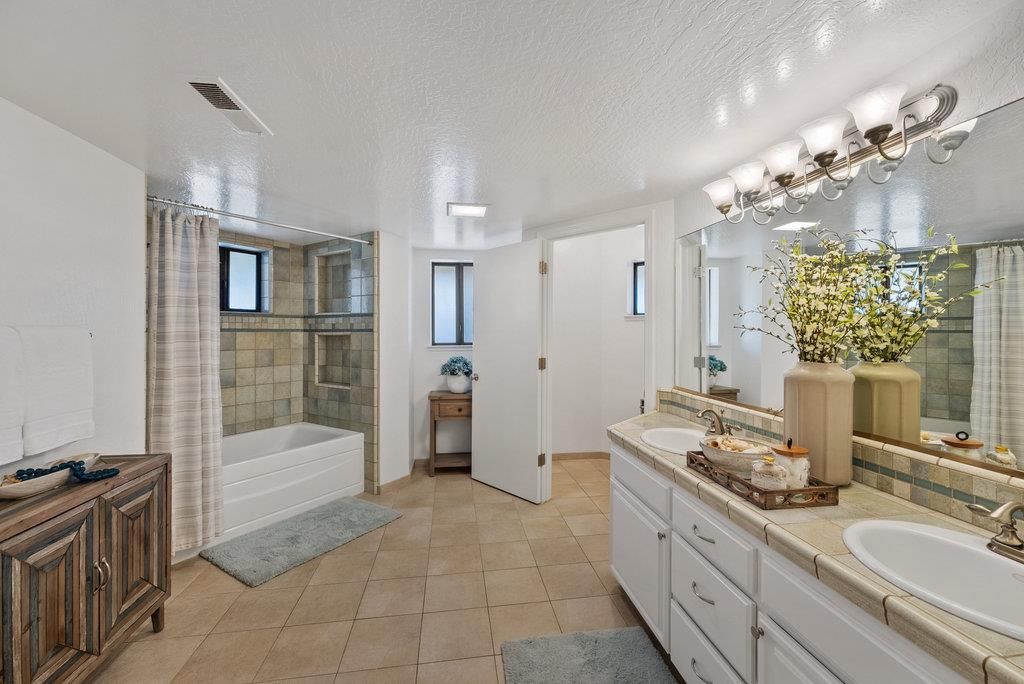 Bathroom, Dual Sink Vanities, Glass Shower, Interior, Tile Countertops