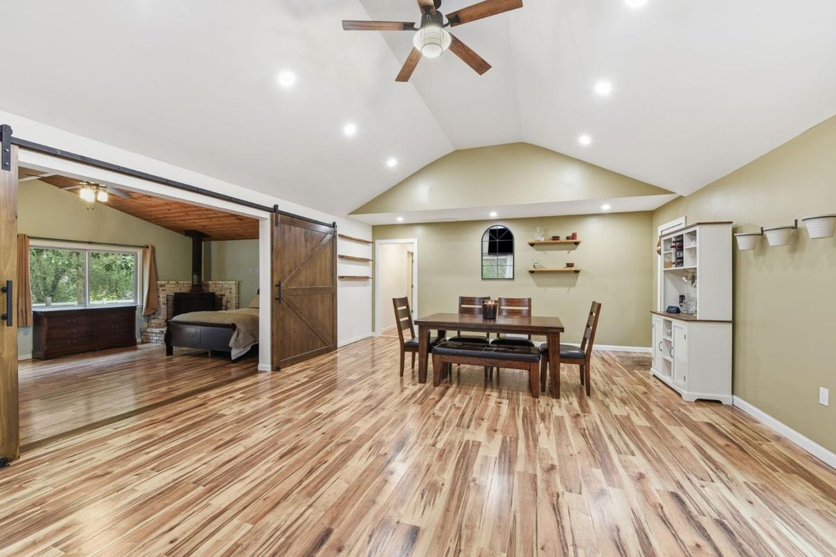 Dining room, Interior, Recessed Lighting, Wood Texture Flooring