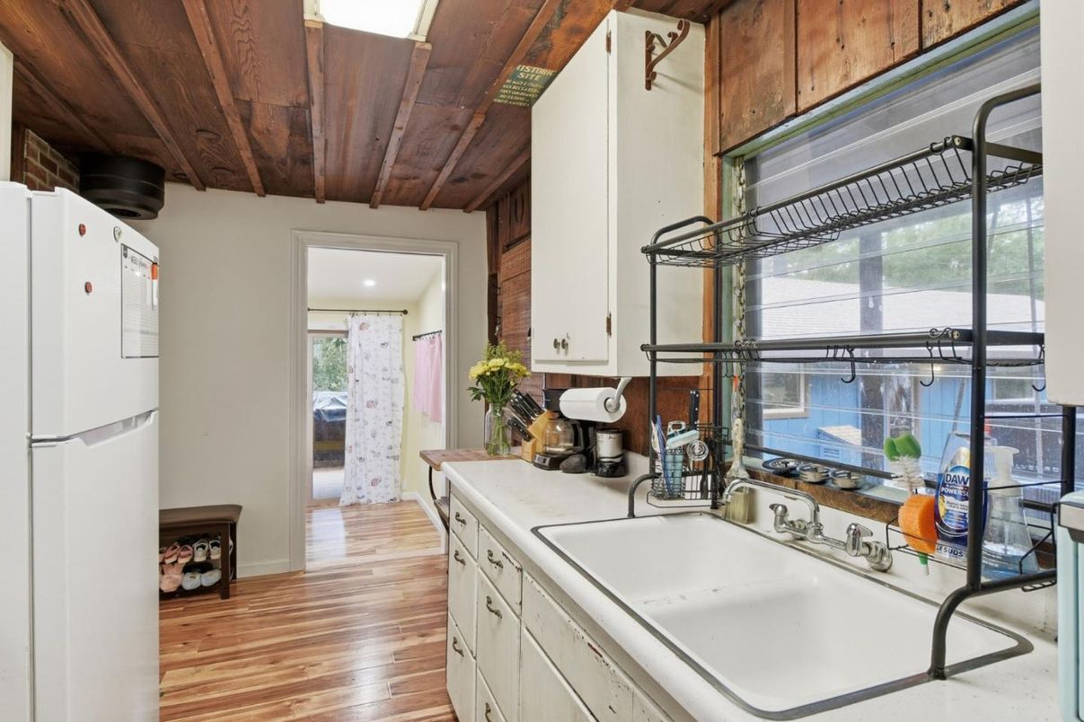 Interior, Kitchen, Recessed Lighting, Wooden Ceilings, Wood Texture Flooring