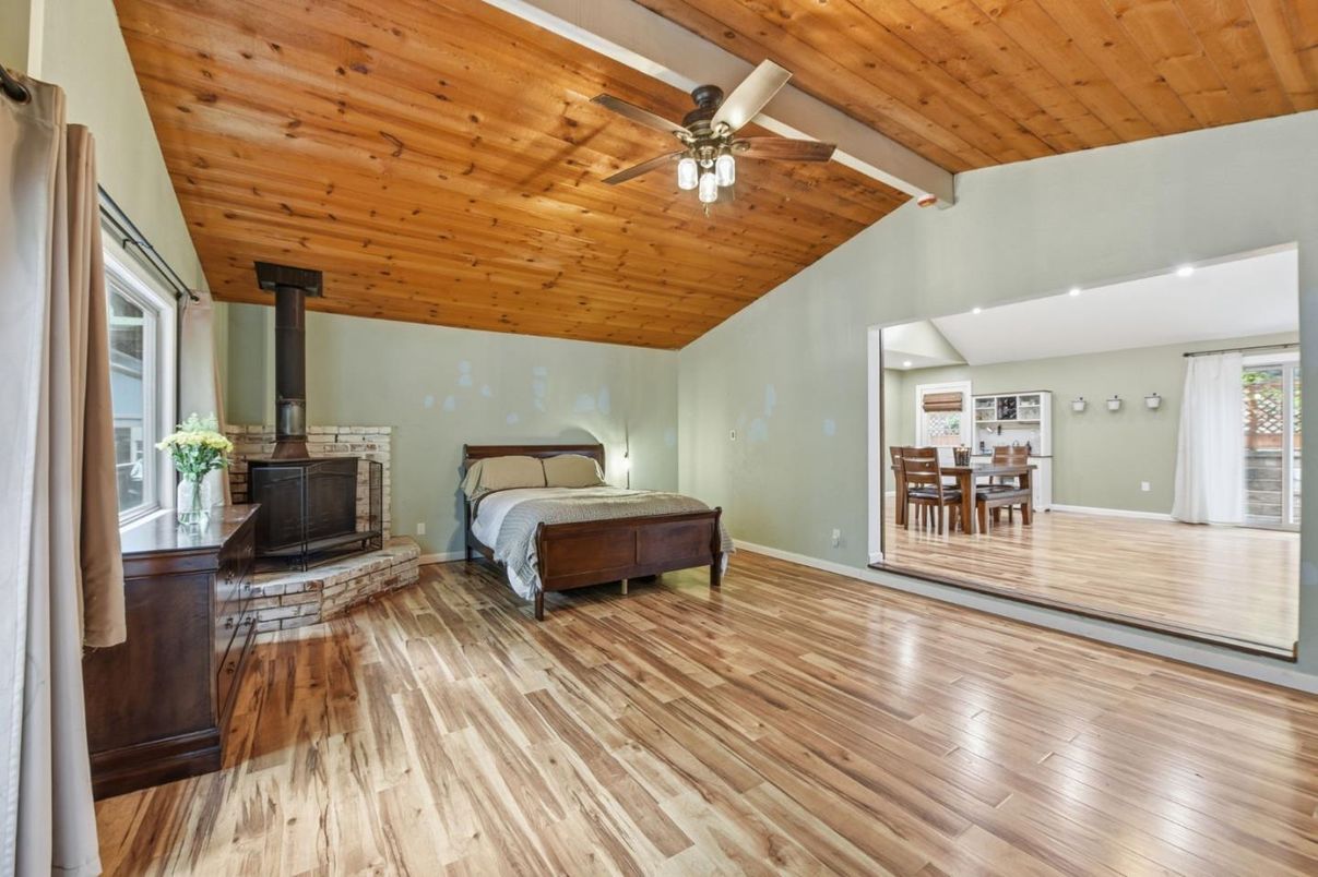 Bedroom, Dining room, Fireplace, Interior, Wooden Ceilings, Wood Texture Flooring