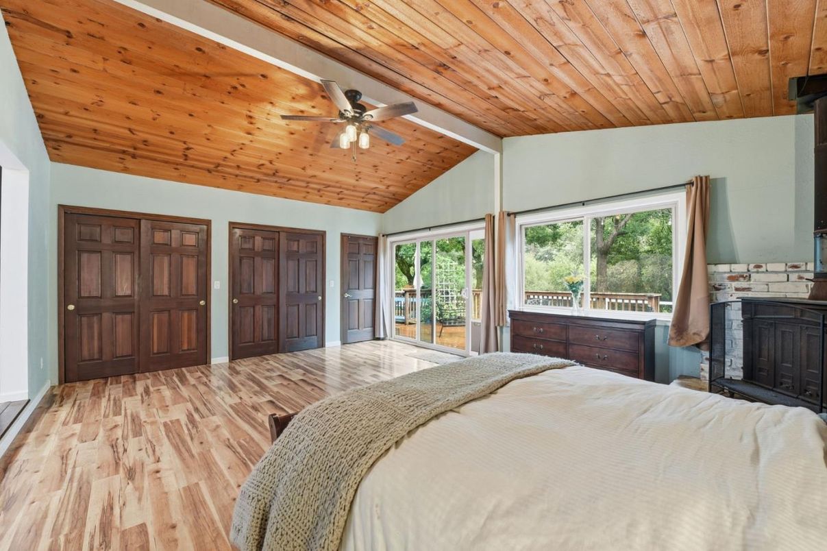 Bedroom, Fireplace, Interior, Wooden Ceilings, Wood Texture Flooring