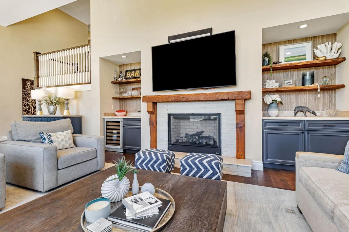 Fireplace, Interior, Living room, Recessed Lighting, Wood Texture Flooring