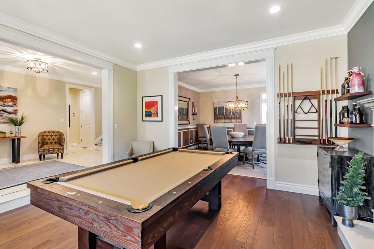Billiard Table, Chandelier, Dining room, Game Room, Interior, Recessed Lighting, Wood Texture Flooring