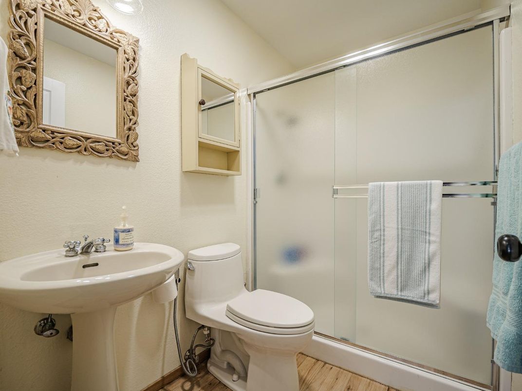 Bathroom, Glass Shower, Interior, Wood Texture Flooring