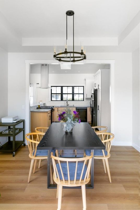 Dining room, Interior, Kitchen, Pendant Lights, Wood Texture Flooring
