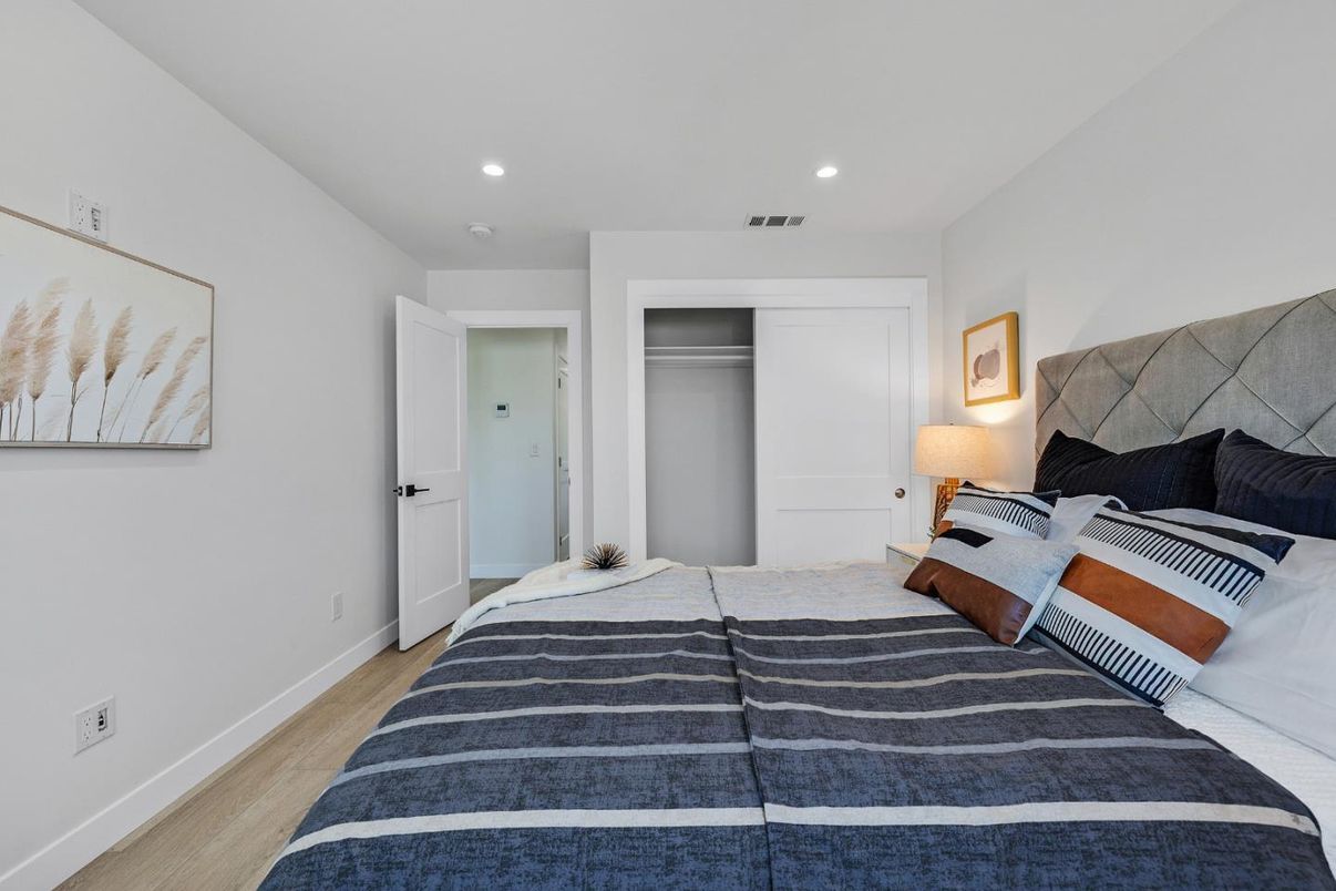 Bedroom, Interior, Recessed Lighting, Wood Texture Flooring
