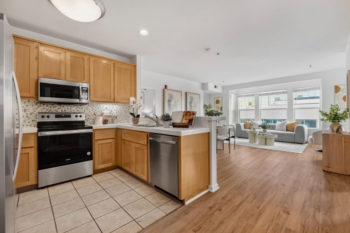 Interior, Kitchen, Living room, Recessed Lighting, Stainless Steel Appliances, Wood Texture Flooring