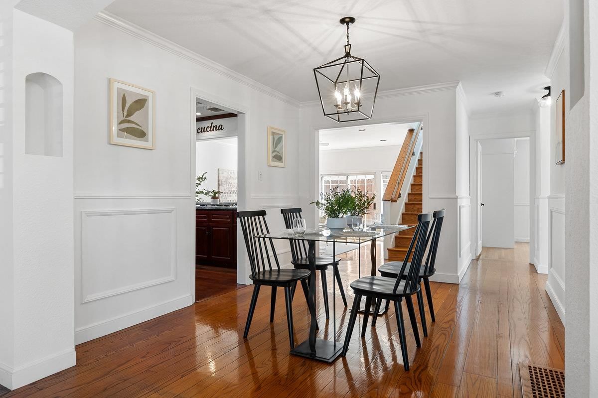 Dining room, Interior, Pendant Lights, Wood Texture Flooring