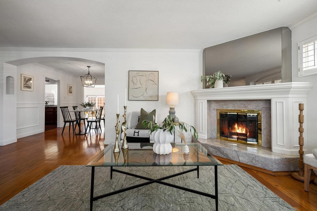 Chandelier, Dining room, Fireplace, Interior, Living room, Wood Texture Flooring