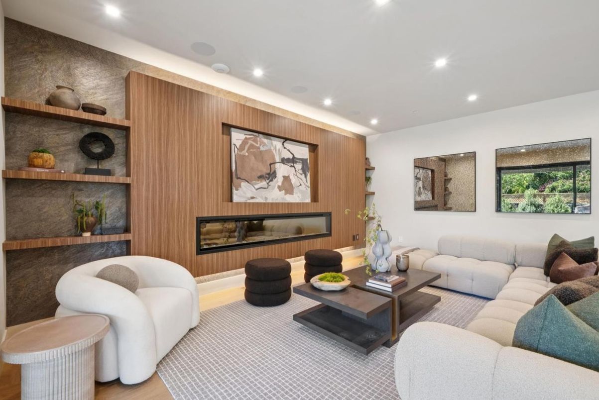 Interior, Living room, Recessed Lighting, Wood Texture Flooring, Wooden Walls