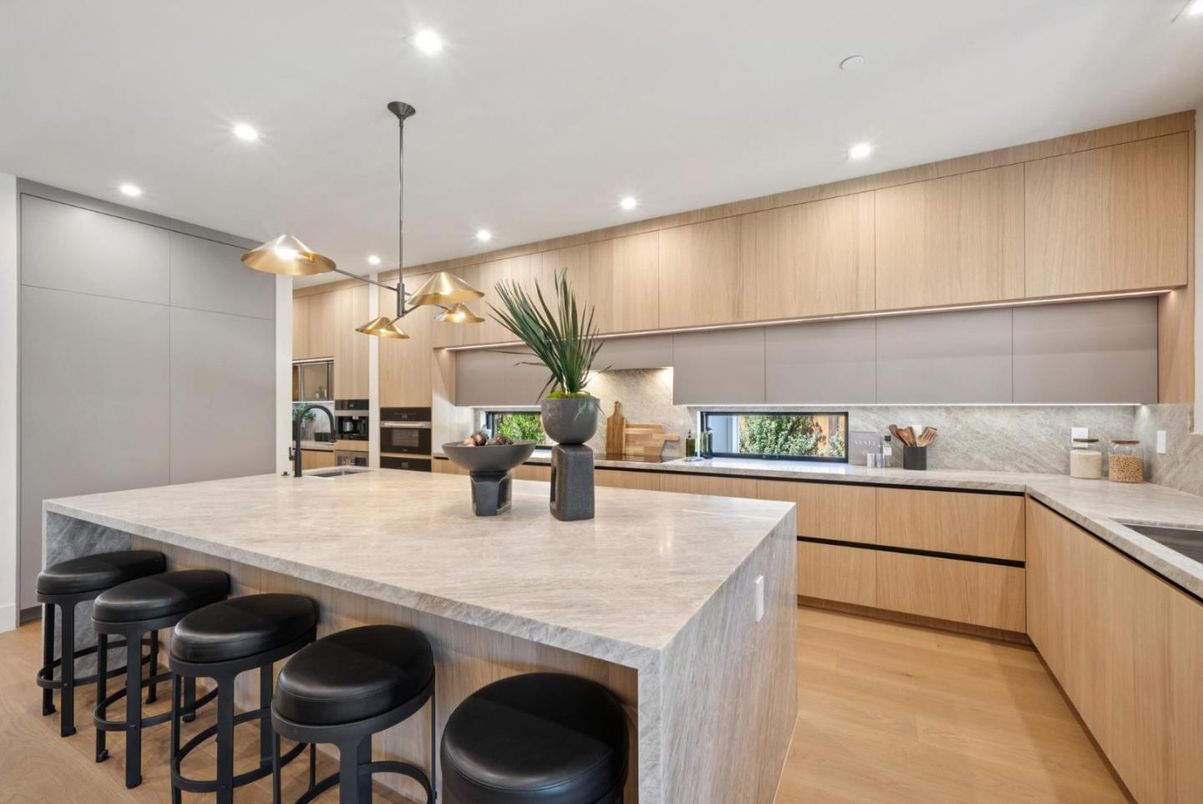 Interior, Kitchen, Pendant Lights, Recessed Lighting, Stainless Steel Appliances, Wood Texture Flooring