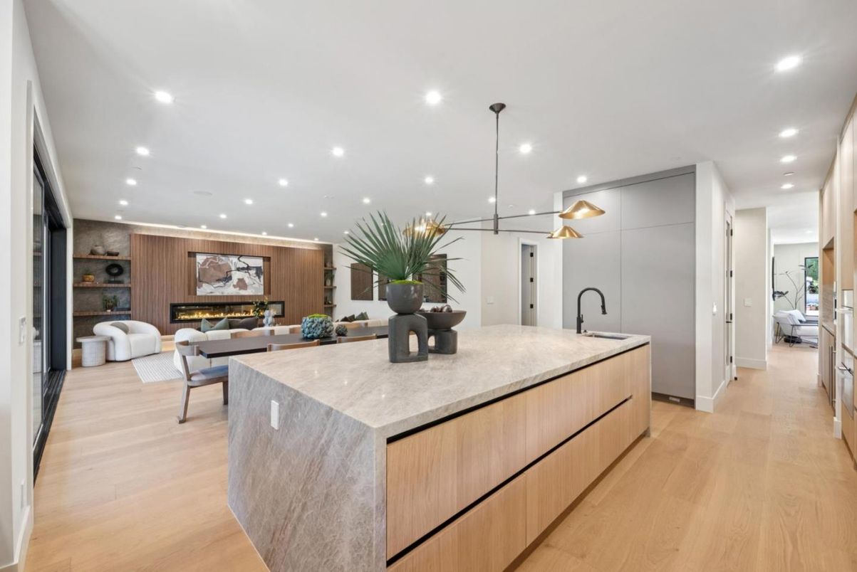 Fireplace, Interior, Kitchen, Living room, Pendant Lights, Recessed Lighting, Wood Texture Flooring, Wooden Walls