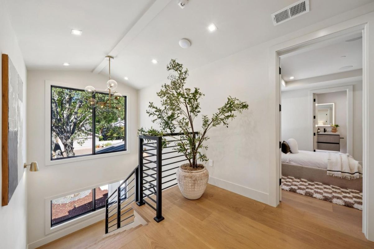 Bedroom, Interior, Pendant Lights, Recessed Lighting, Wood Texture Flooring