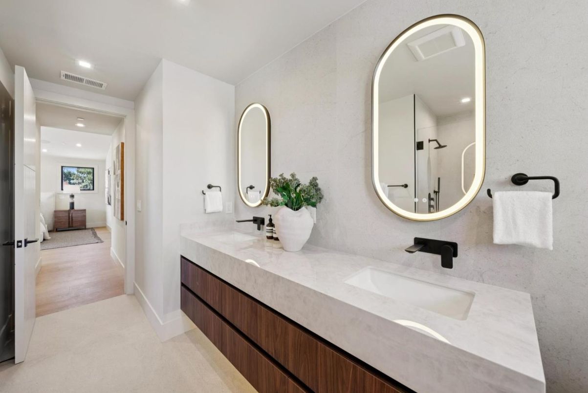 Bathroom, Dual Sink Vanities, Interior, Recessed Lighting, Wood Texture Flooring