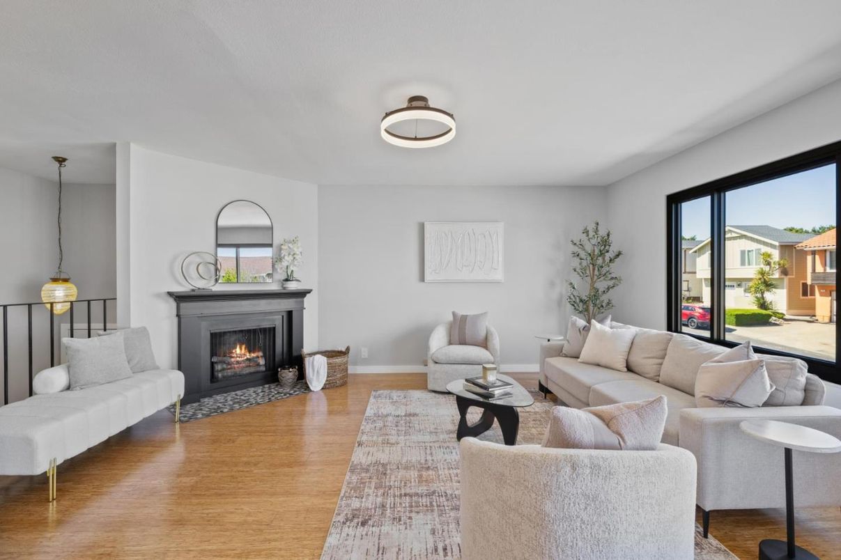 Fireplace, Interior, Living room, Pendant Lights, Wood Texture Flooring