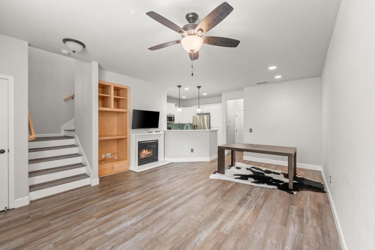 Fireplace, Interior, Kitchen, Recessed Lighting, Wood Texture Flooring