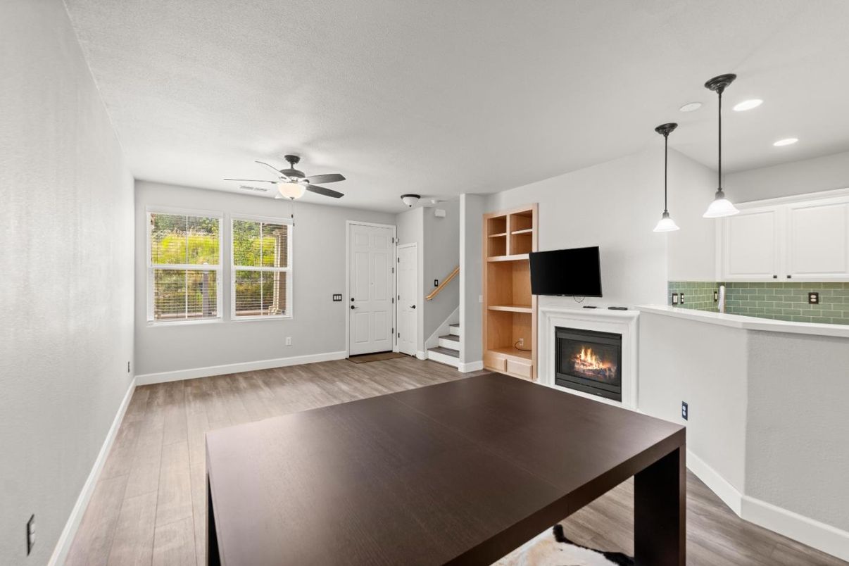 Empty room, Fireplace, Interior, Pendant Lights, Recessed Lighting, Wood Texture Flooring