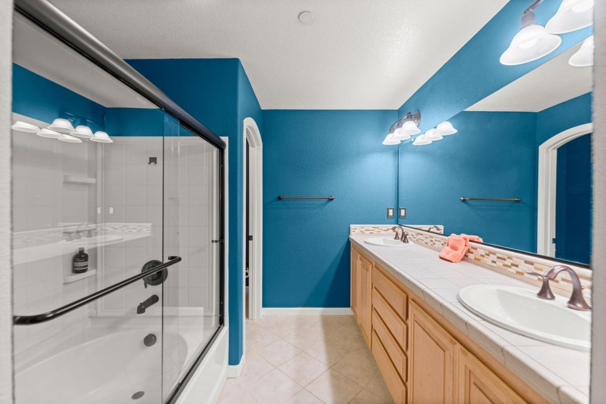 Bathroom, Dual Sink Vanities, Glass Shower, Interior, Tile Countertops