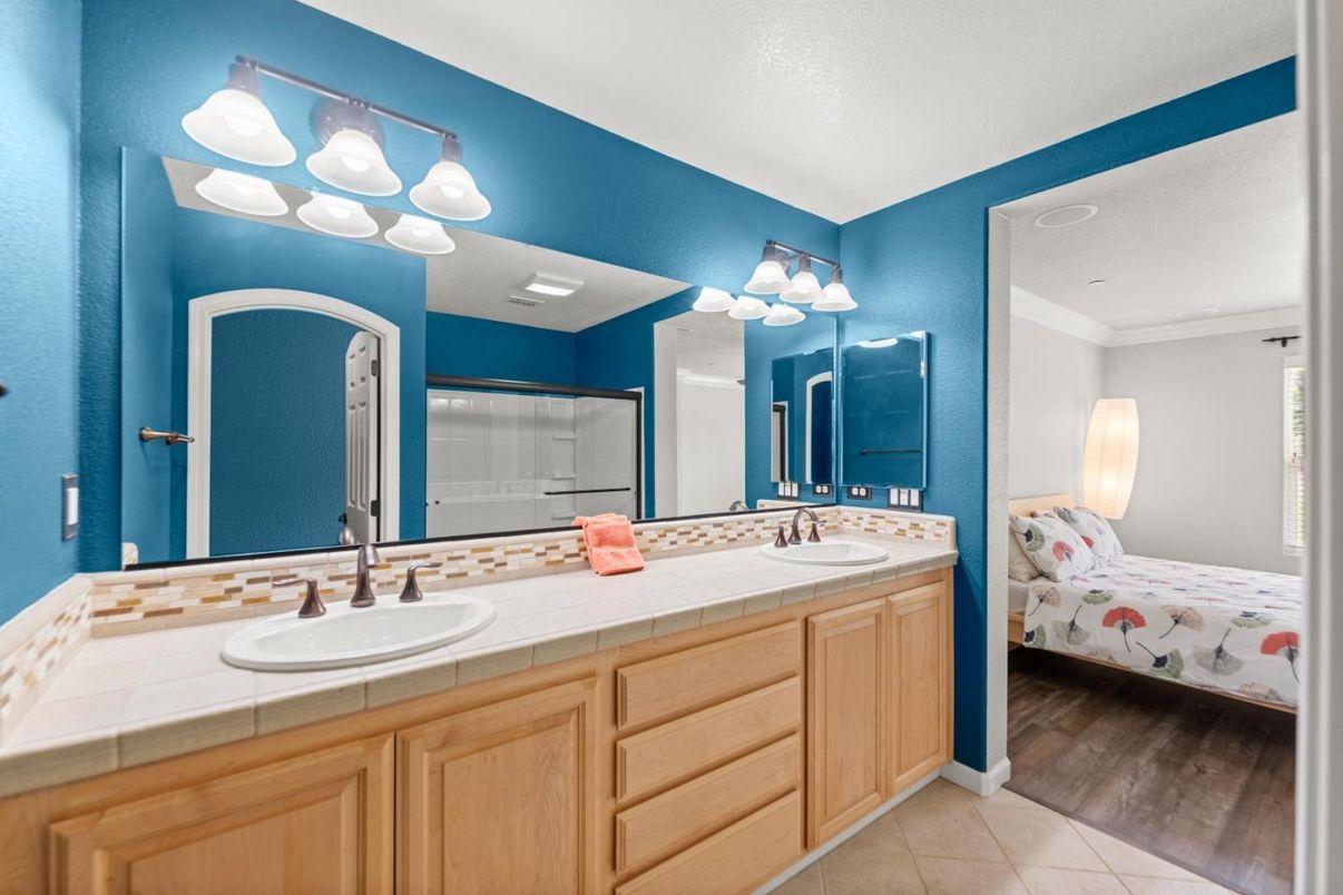 Bathroom, Bedroom, Dual Sink Vanities, Interior, Tile Countertops, Wood Texture Flooring