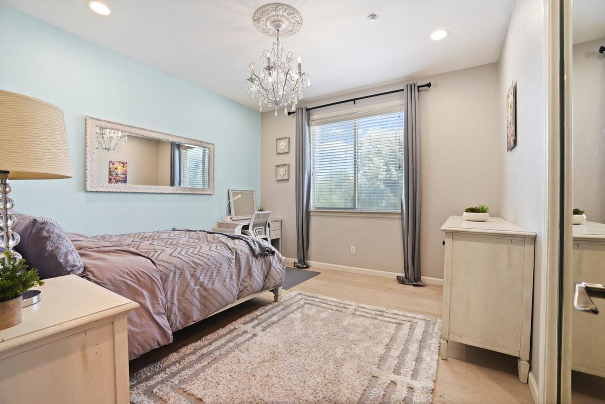Bedroom, Chandelier, Interior, Recessed Lighting, Wood Texture Flooring