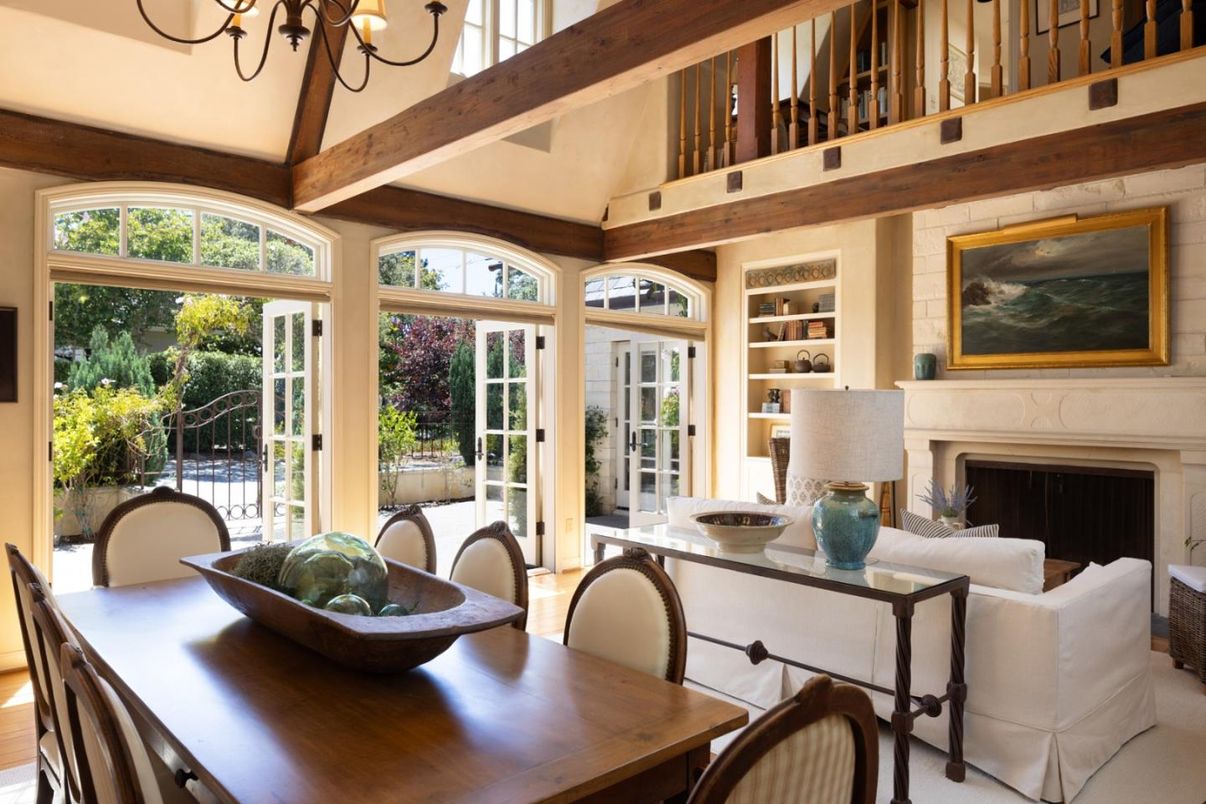 Chandelier, Dining room, Fireplace, Interior, Living room, Wooden Beams