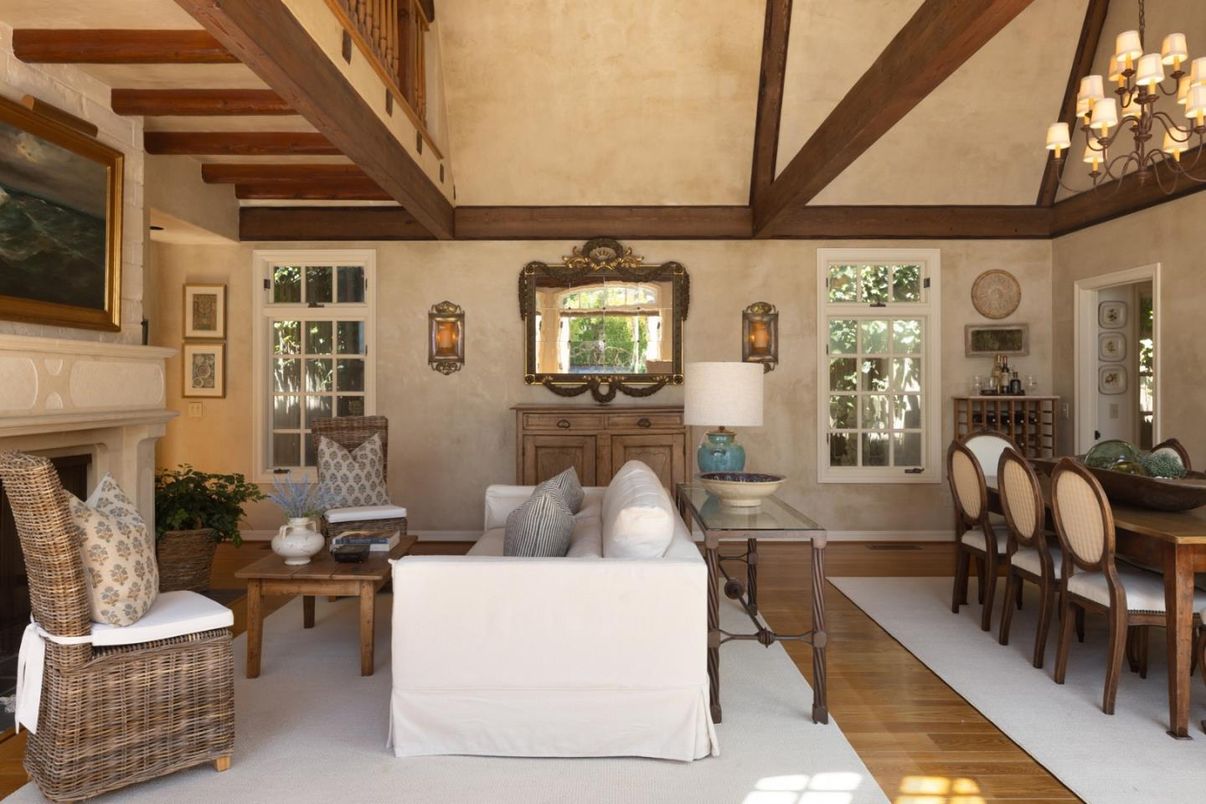 Chandelier, Dining room, Fireplace, Interior, Living room, Wooden Beams, Wood Texture Flooring