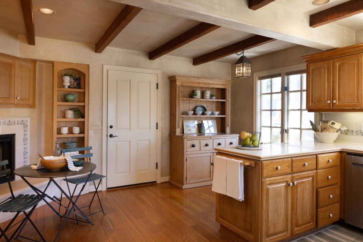 Interior, Kitchen, Recessed Lighting, Wooden Beams, Wood Texture Flooring