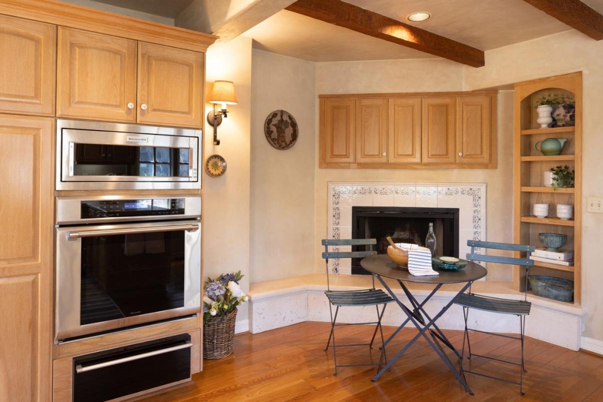 Fireplace, Interior, Kitchen, Recessed Lighting, Stainless Steel Appliances, Wooden Beams, Wood Texture Flooring