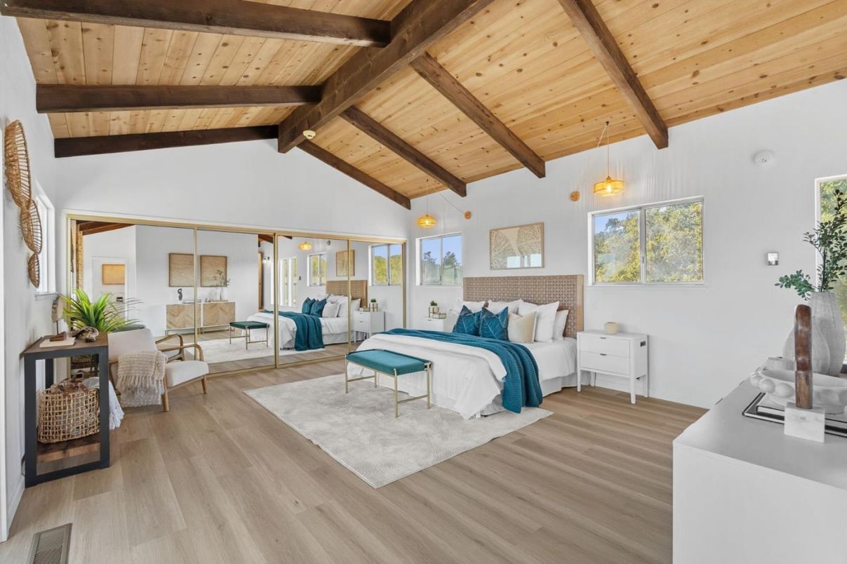 Bedroom, Interior, Pendant Lights, Wooden Beams, Wooden Ceilings, Wood Texture Flooring
