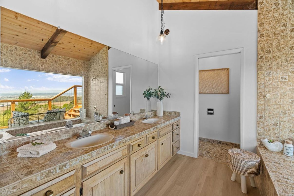 Bathroom, Dual Sink Vanities, Interior, Pendant Lights, Tile Countertops, Wooden Beams, Wooden Ceilings, Wood Texture Flooring