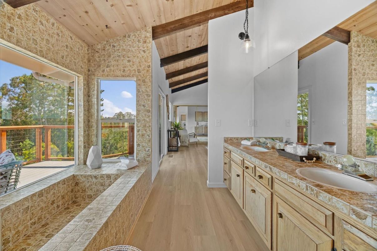 Bathroom, Interior, Pendant Lights, Wooden Beams, Wooden Ceilings, Wood Texture Flooring