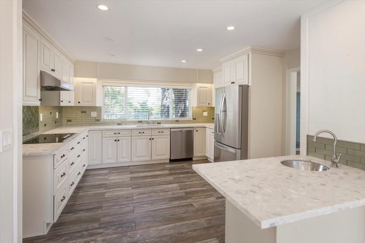Interior, Kitchen, Recessed Lighting, Stainless Steel Appliances, Wood Texture Flooring