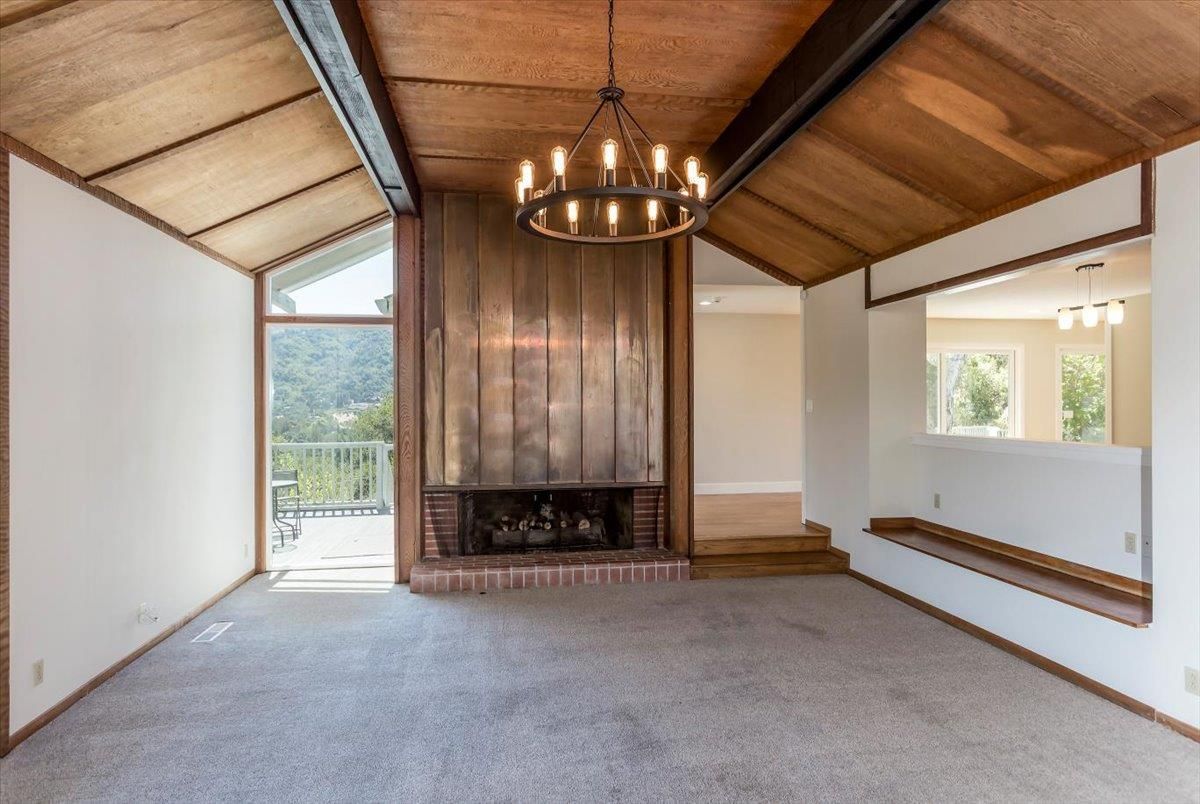 Chandelier, Empty room, Fireplace, Interior, Wooden Ceilings, Wooden Walls