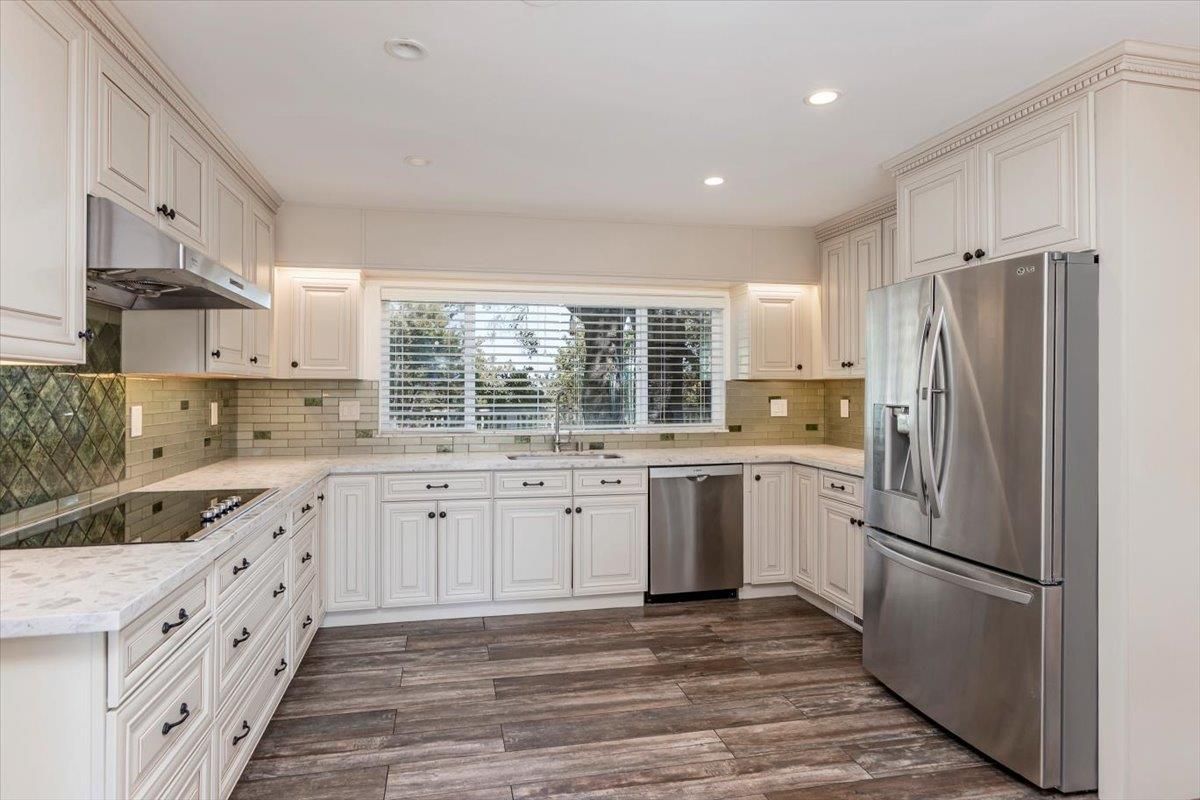 Interior, Kitchen, Recessed Lighting, Stainless Steel Appliances, Wood Texture Flooring