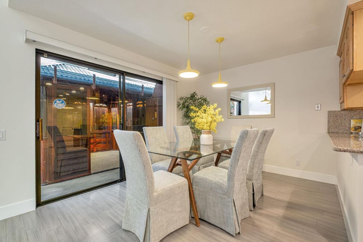 Dining room, Interior, Pendant Lights, Wood Texture Flooring