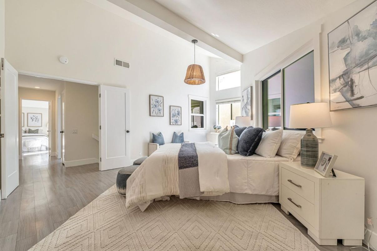 Bedroom, Interior, Pendant Lights, Recessed Lighting, Wood Texture Flooring