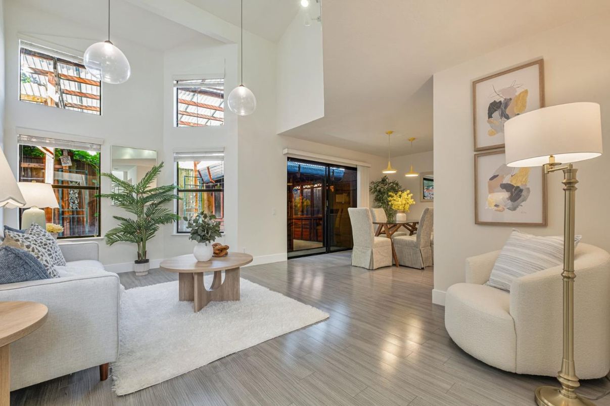 Dining room, Interior, Living room, Pendant Lights, Wood Texture Flooring
