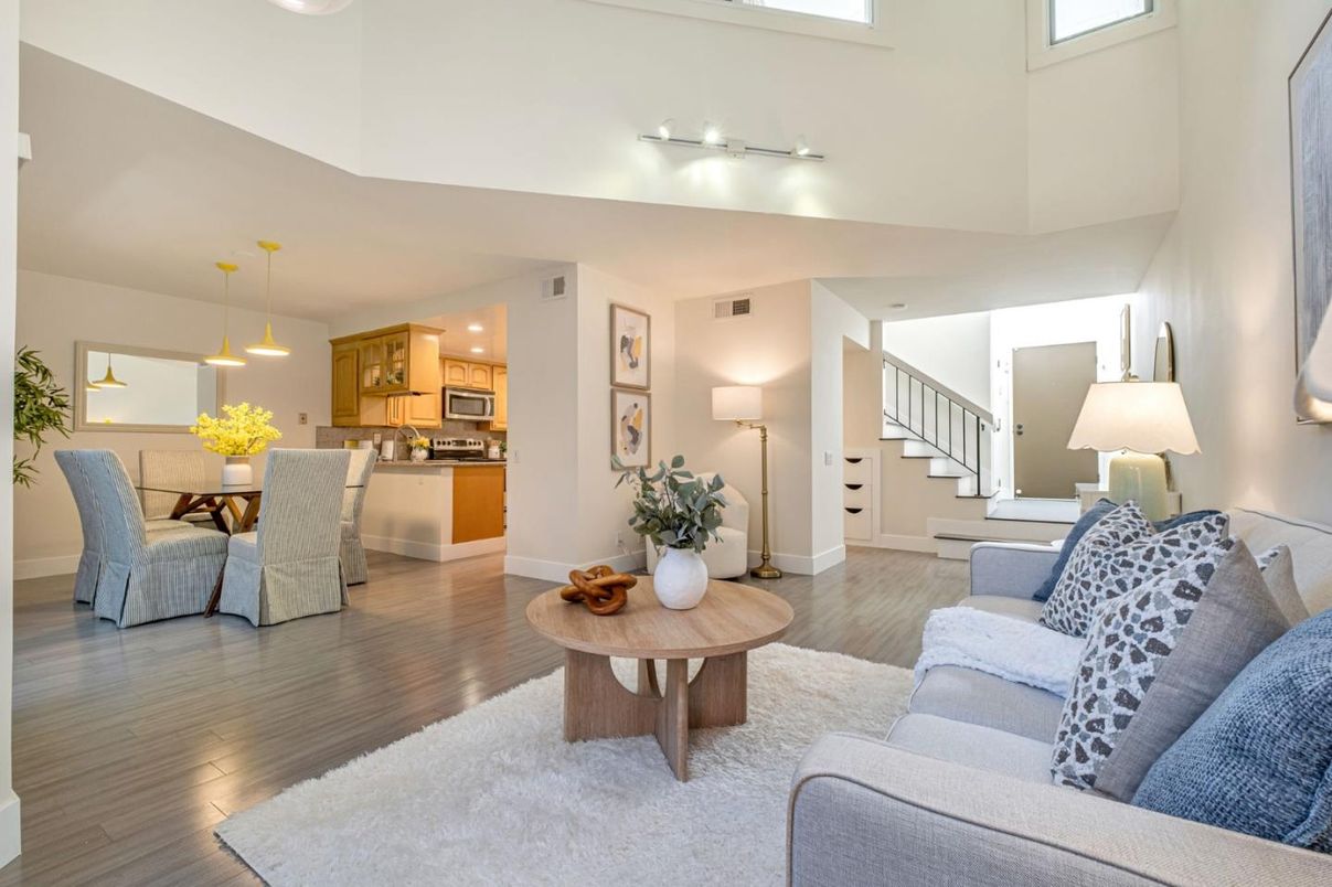 Dining room, Interior, Kitchen, Living room, Pendant Lights, Recessed Lighting, Stainless Steel Appliances, Wood Texture Flooring
