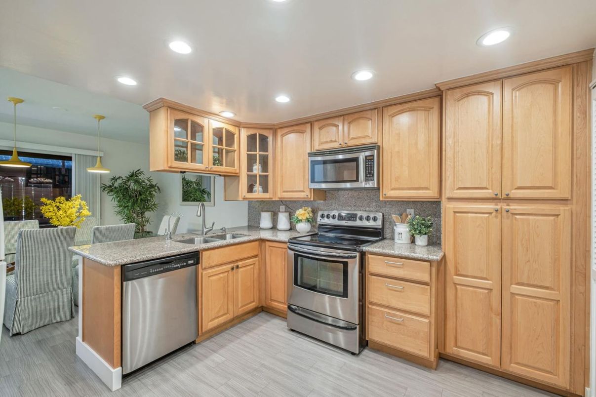Interior, Kitchen, Pendant Lights, Recessed Lighting, Stainless Steel Appliances, Wood Texture Flooring