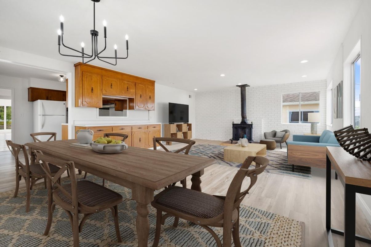 Chandelier, Dining room, Fireplace, Interior, Kitchen, Living room, Recessed Lighting, Stone Walls, Wood Texture Flooring