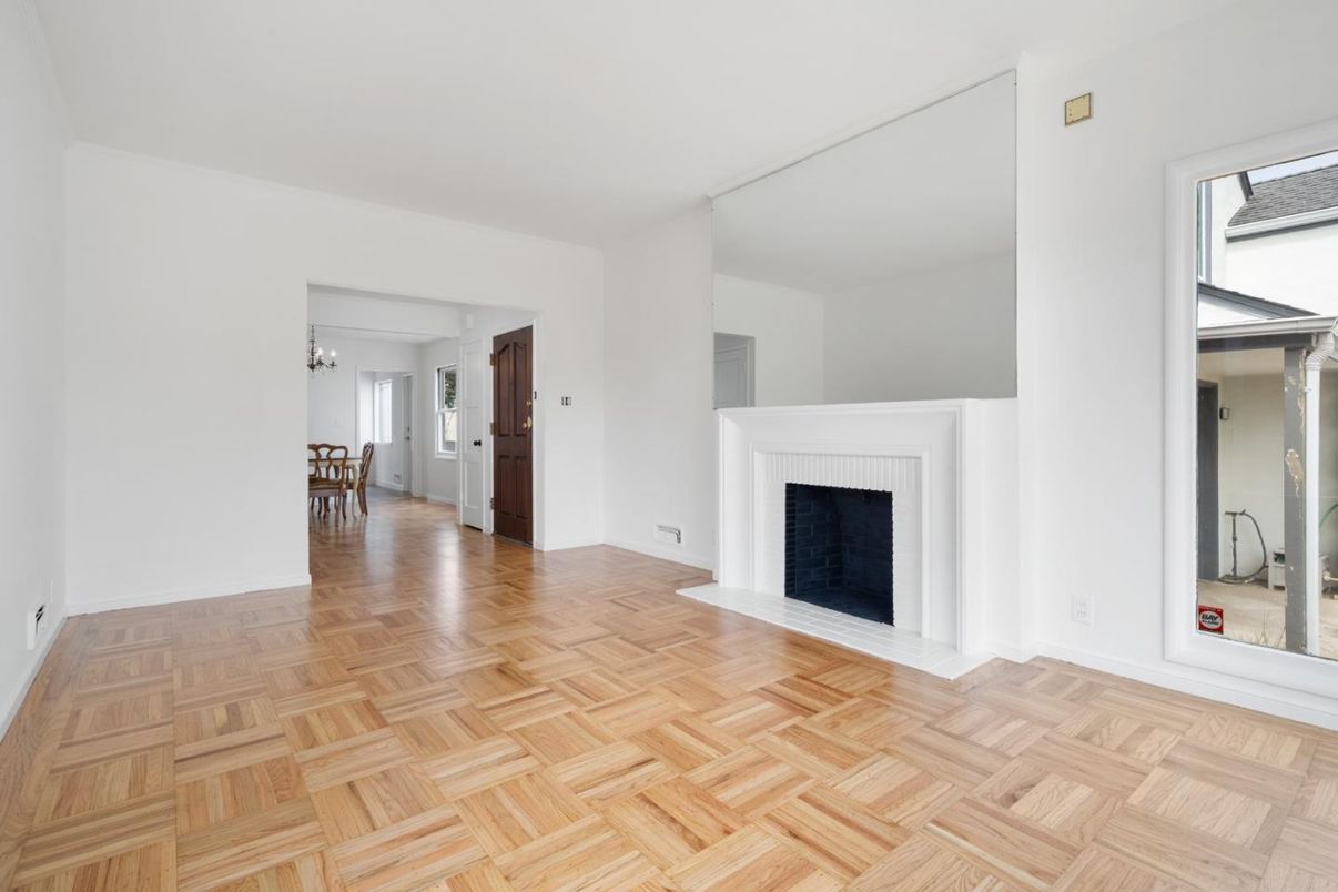 Dining room, Empty room, Fireplace, Interior, Wood Texture Flooring