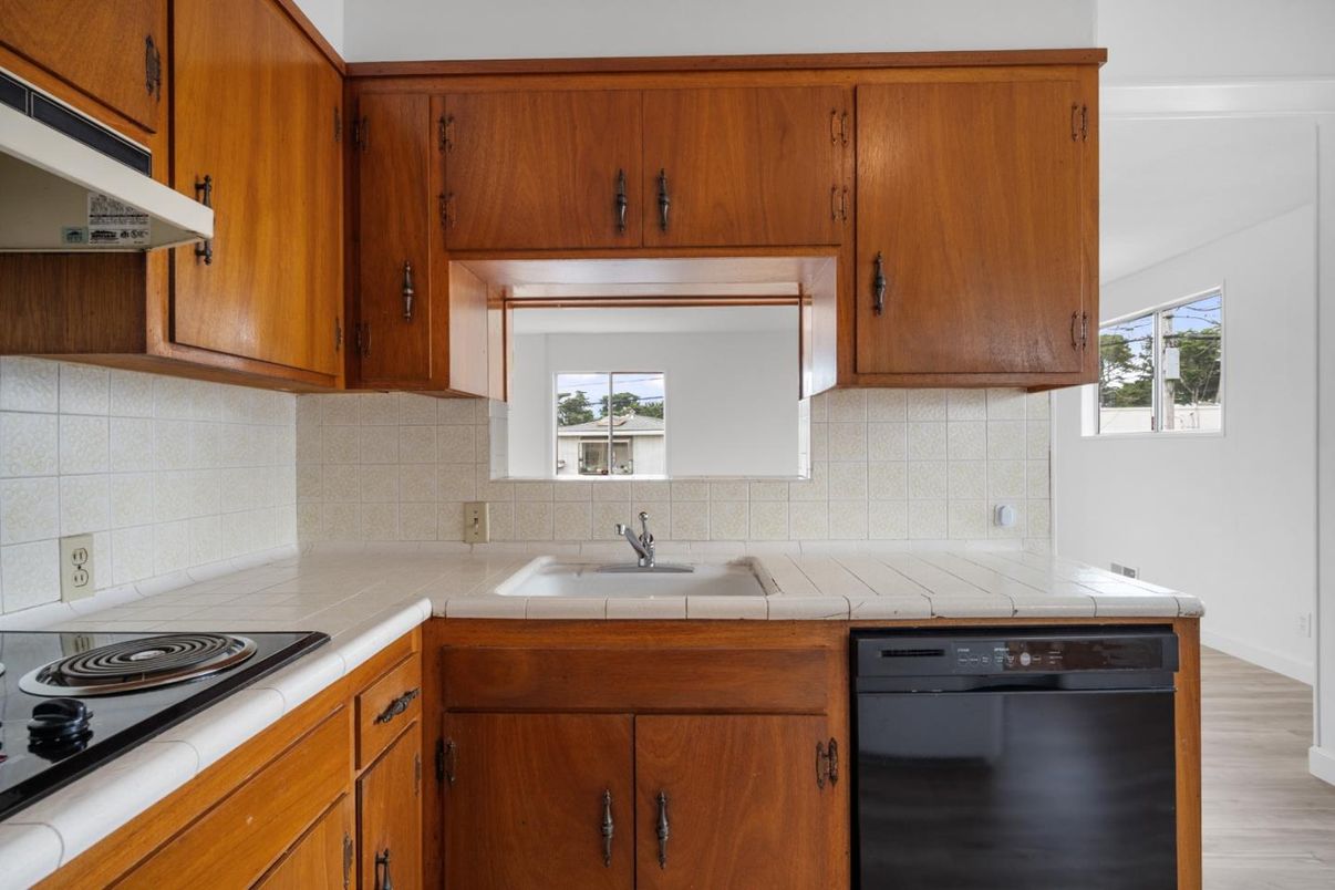 Interior, Kitchen, Tile Countertops, Wood Texture Flooring