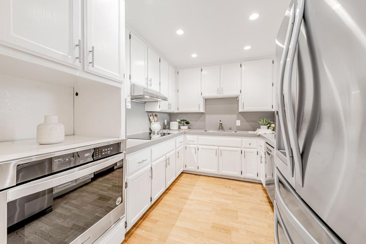 Interior, Kitchen, Recessed Lighting, Stainless Steel Appliances, Wood Texture Flooring