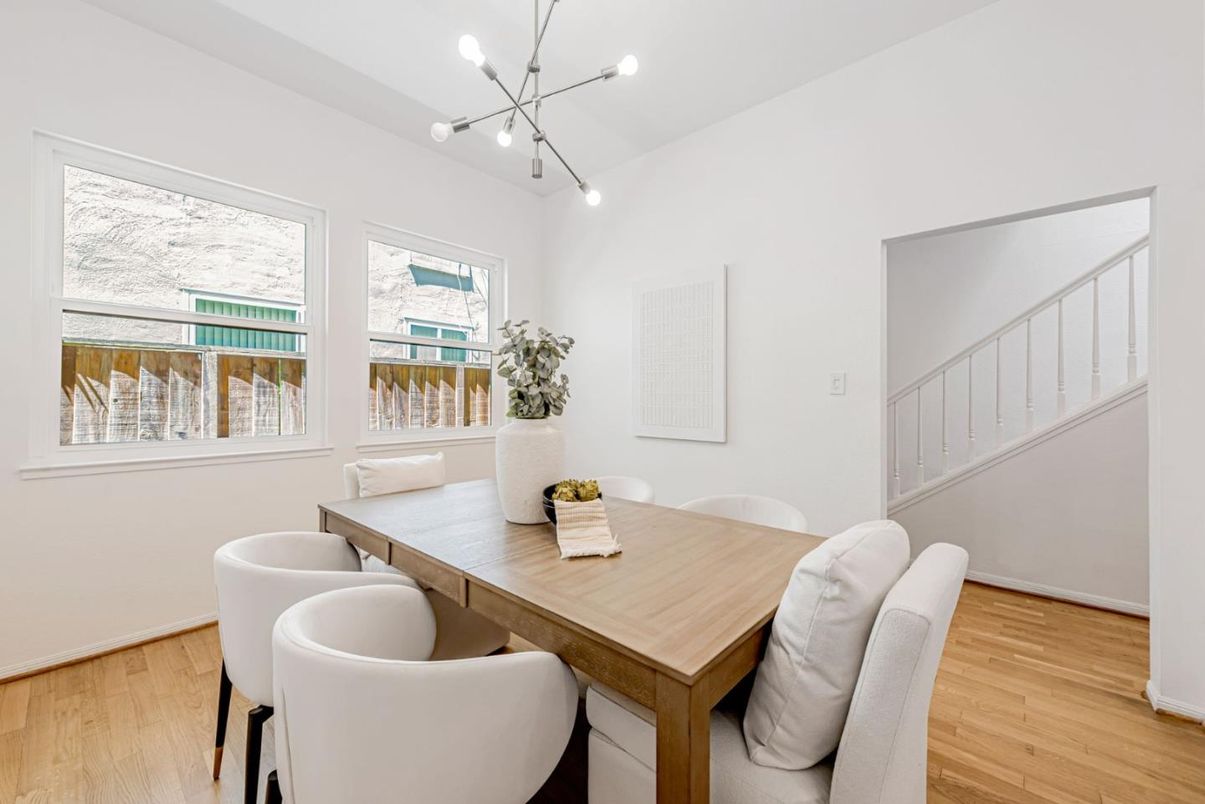 Dining room, Interior, Pendant Lights, Wood Texture Flooring
