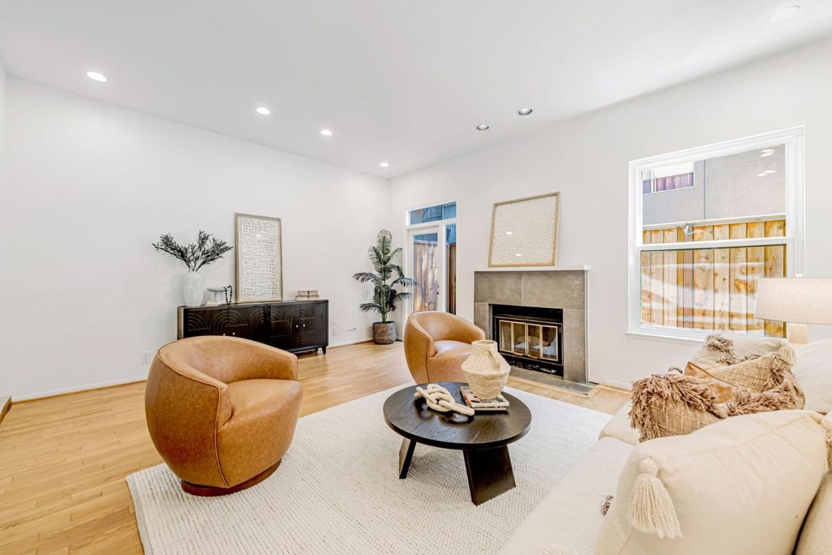 Fireplace, Interior, Living room, Recessed Lighting, Wood Texture Flooring