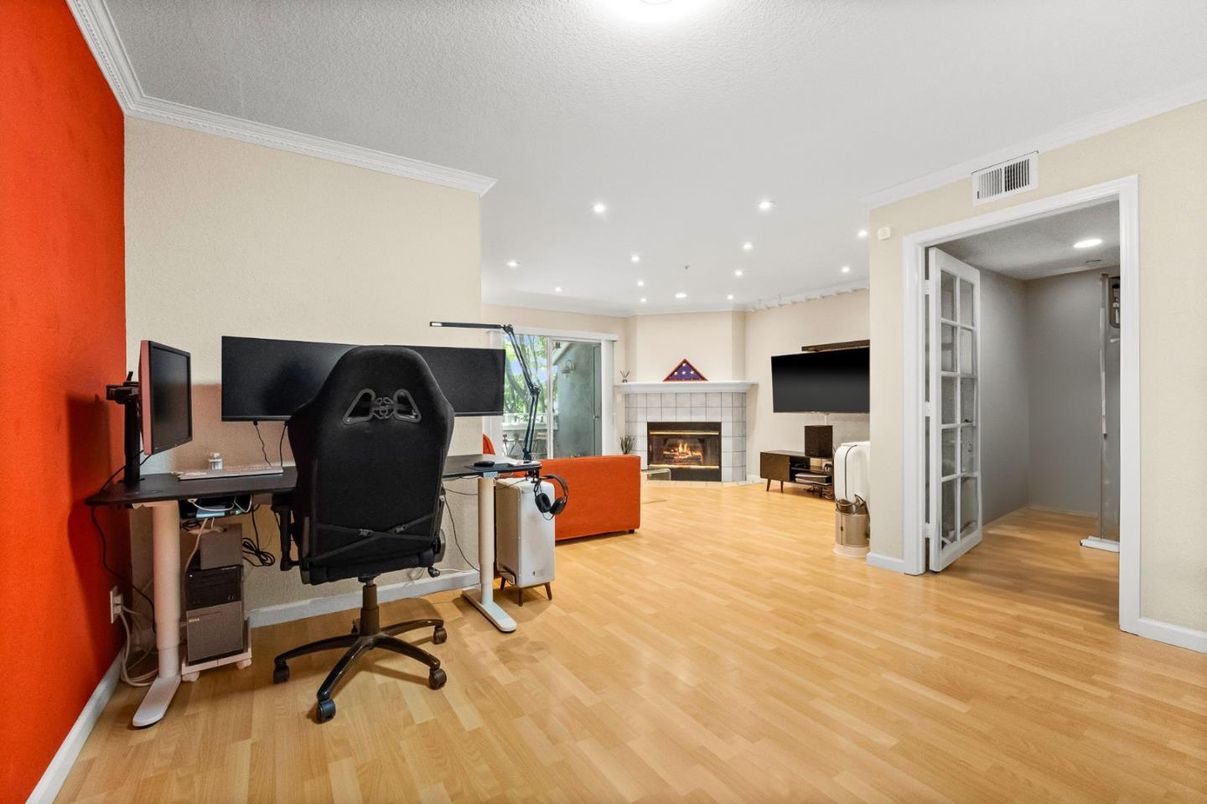 Fireplace, Home Office, Interior, Recessed Lighting, Wood Texture Flooring