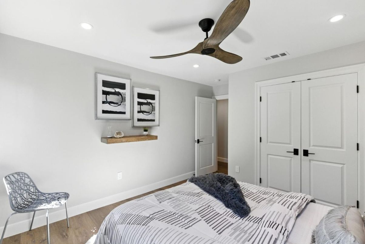 Bedroom, Interior, Recessed Lighting, Wood Texture Flooring